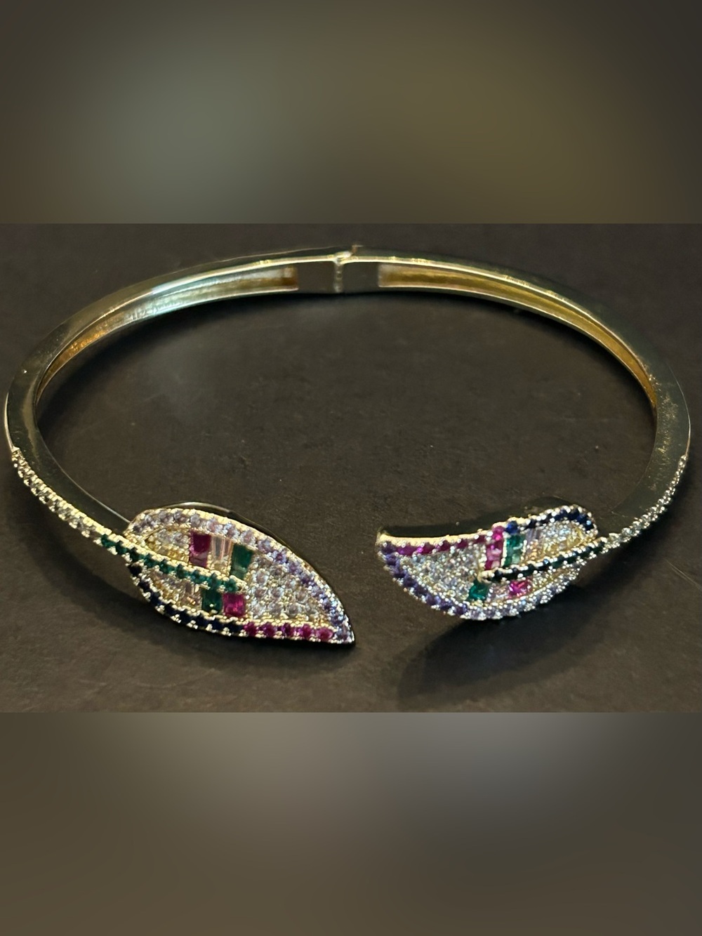 Stunning 🤩 Gold Leaf Crystal Hinged Bracelet with Multicolor Gem Accents